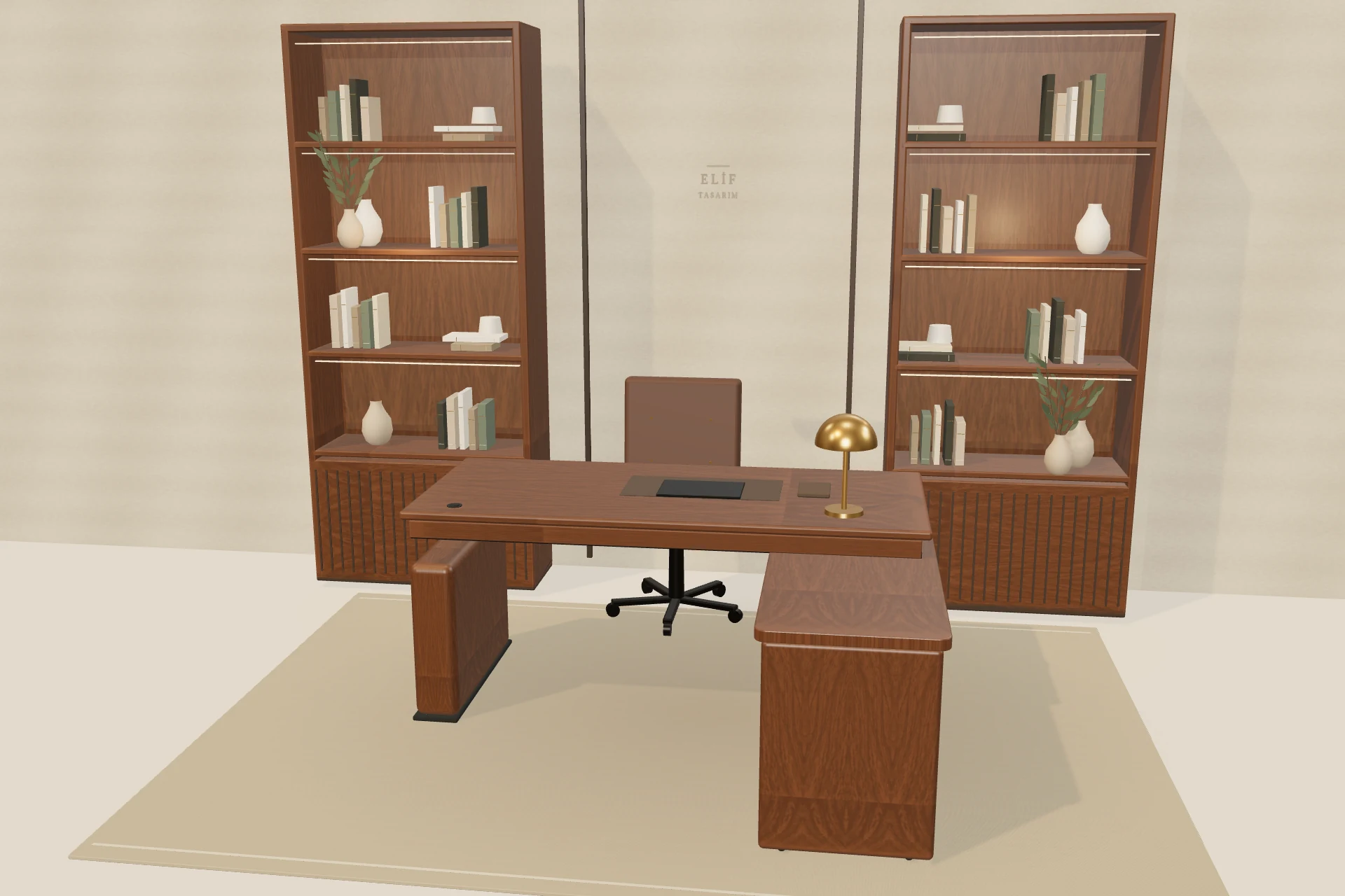 Çalışma masası modelinin iki kitaplıklı çalışma ortamı, gerçek Three.js sahnesinden konsept görünümü